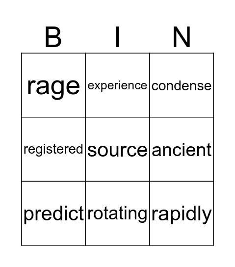 Vocabulary  Bingo Card