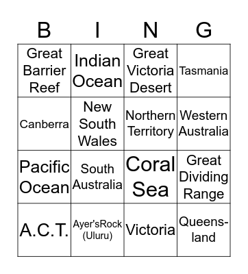 Australia's Physical and Political Features Bingo Card