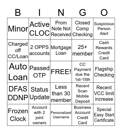 UAD  Bingo Card