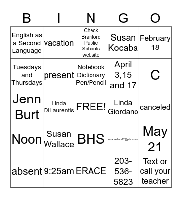 Branford Day Class BINGO! Bingo Card