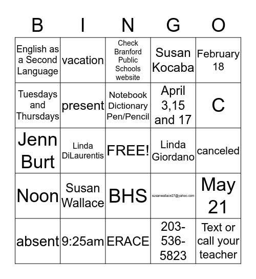 Branford Day Class BINGO! Bingo Card