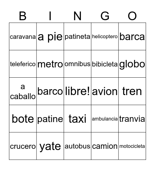 Medios de Transporte Bingo Card