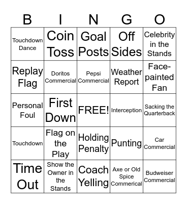 Super Bowl Bingo Card