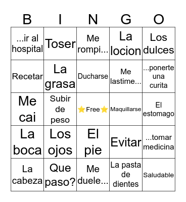 Level 2 Unit 3: ¨Taking Care of Me¨ Bingo Card