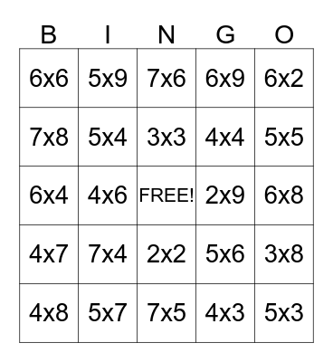 Multiplication Bingo Card