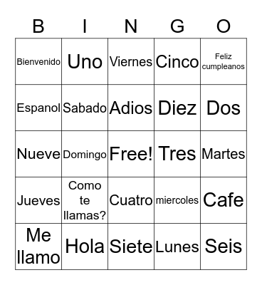 Spanish vocabulary  Bingo Card