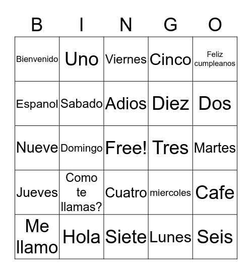 Spanish vocabulary  Bingo Card