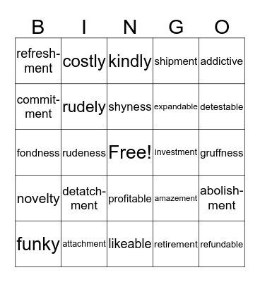 Suffix Endings Bingo Card