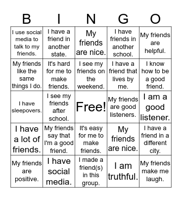 Friendship BINGO Card