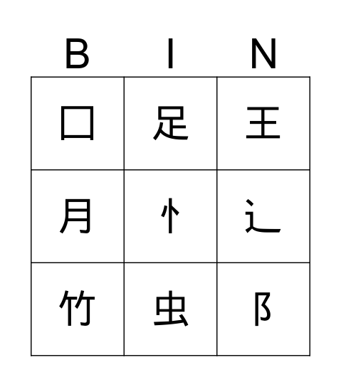 偏旁部首 Bingo Card