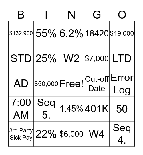 Payroll Bingo Card