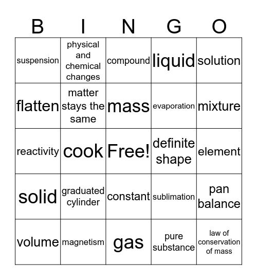 Matter and Energy Bingo Card