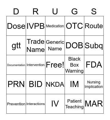 DRUG BINGO Card