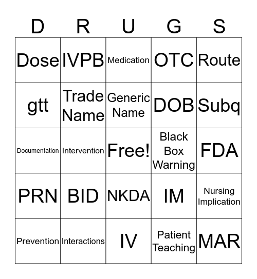 DRUG BINGO Card