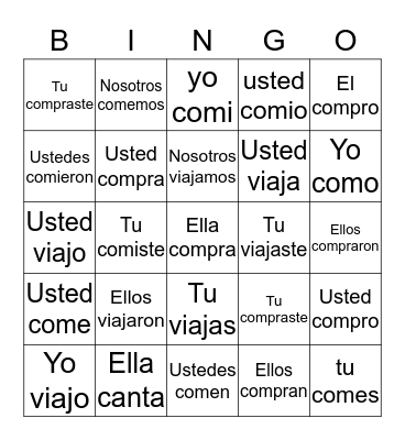 Past vs. Present tense verbs in Spanish Bingo Card