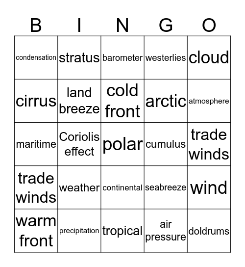 Weather Bingo Card