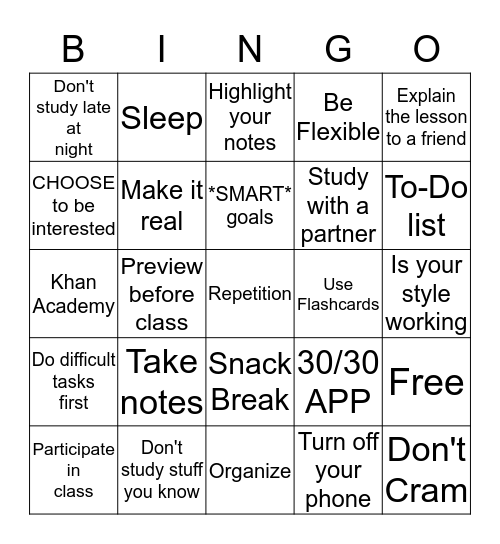 STUDY SKILLS BLINGO Bingo Card