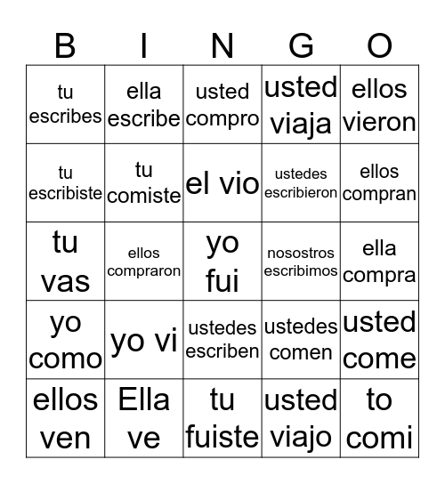 Past vs. Present verbs in Spanish Bingo Card