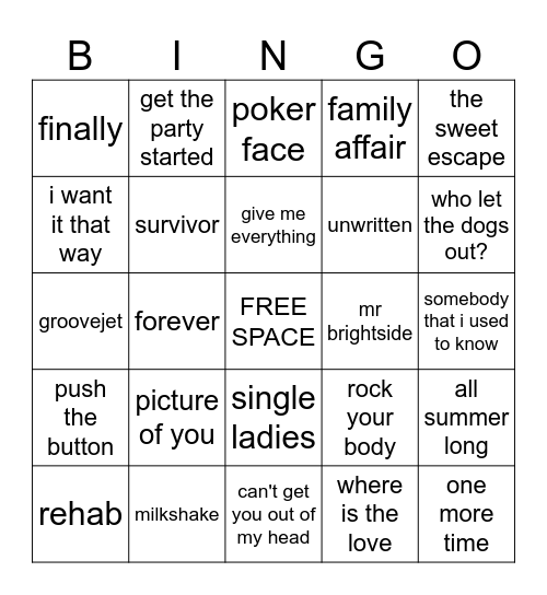 music bingo ALL 00'S Bingo Card
