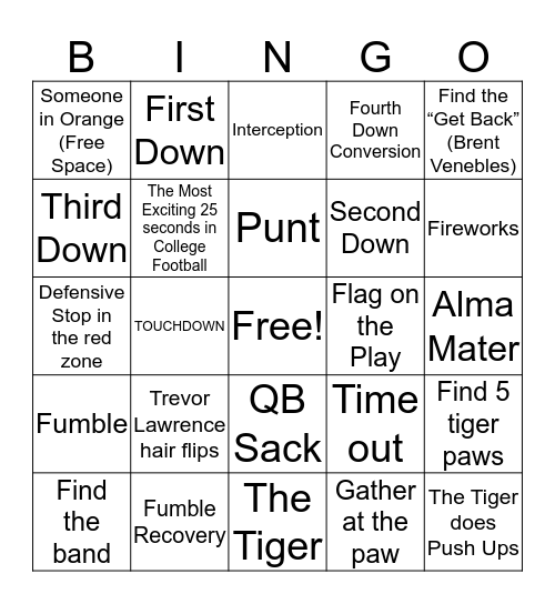Clemson Football BINGO! Bingo Card