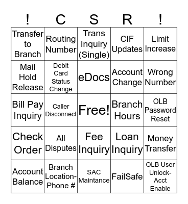 CSC Grand Prize Bingo Card