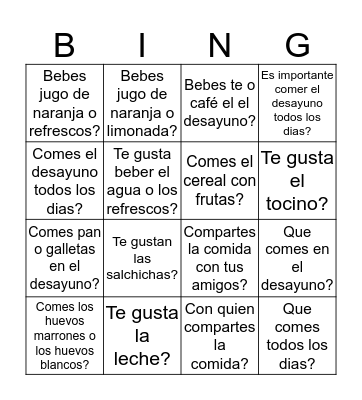 La comida Bingo Card