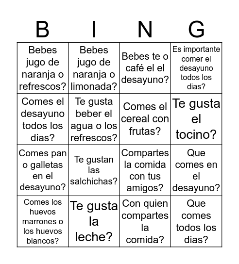 La comida Bingo Card