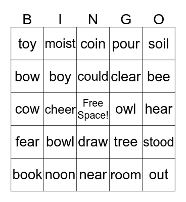 Diphthong Bingo Card