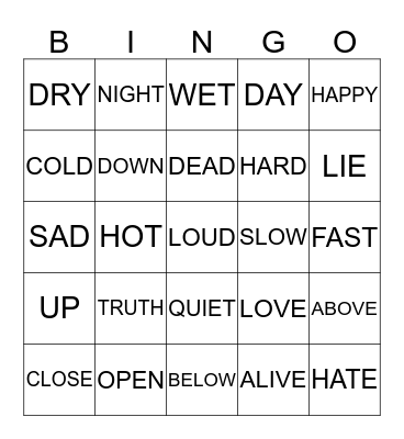 ANTONYMS Bingo Card