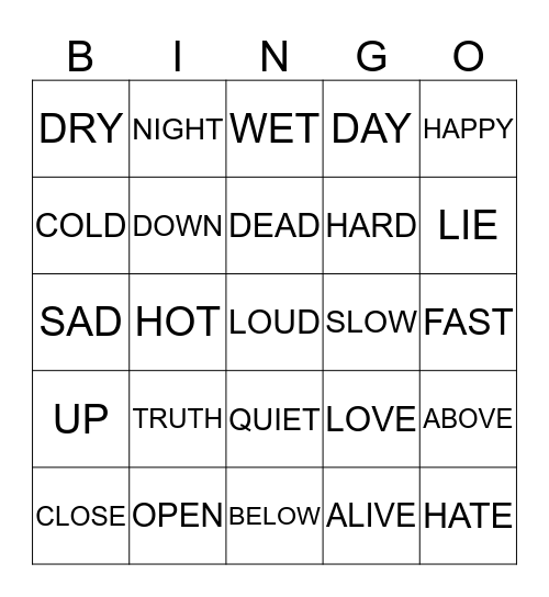 ANTONYMS Bingo Card