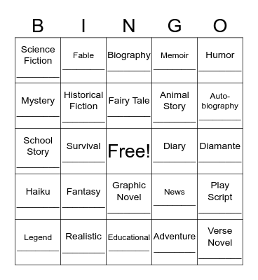 Book Genre BINGO! Bingo Card