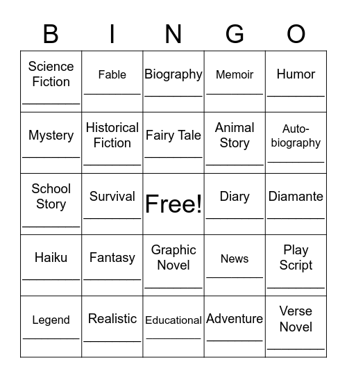 Book Genre BINGO! Bingo Card