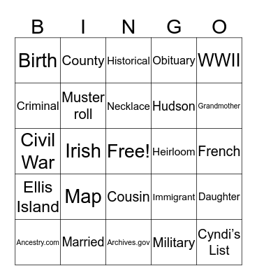 Genealogy Bingo Card