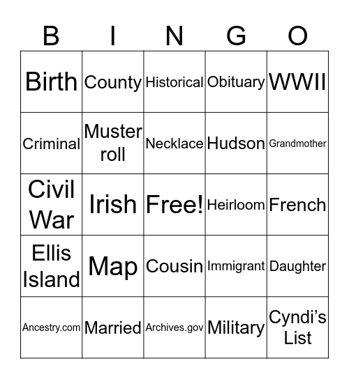 Genealogy Bingo Card
