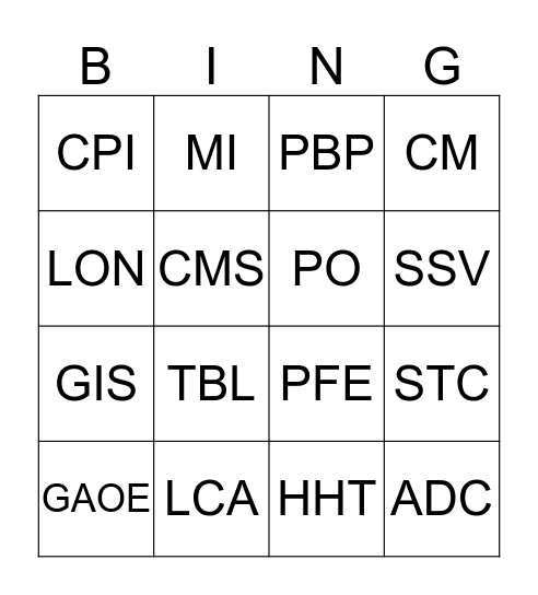 Acronym Bingo Card