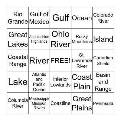 Major Bodies of Water Bingo Card