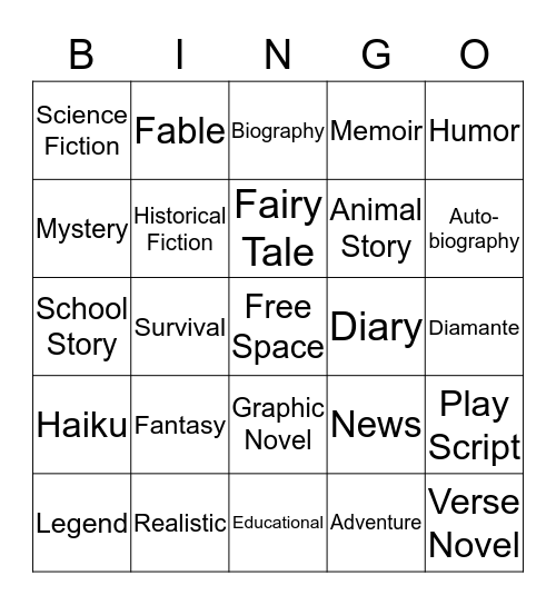 Book Genre BINGO! Bingo Card