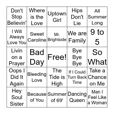 Typical Shower Songs  Bingo Card