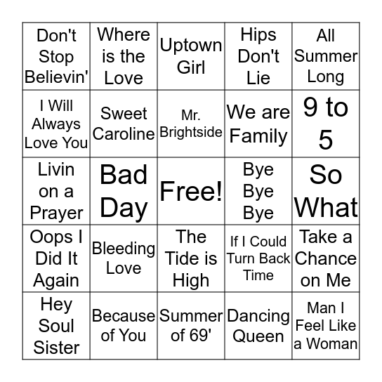 Typical Shower Songs  Bingo Card