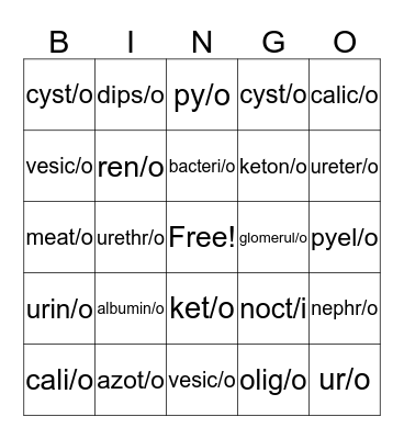 Urinary system Bingo Card