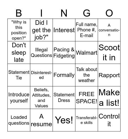 INTERVIEW BINGO! Bingo Card