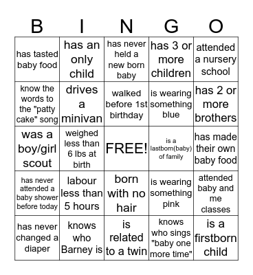 BABY SHOWER GUES BINGO Card