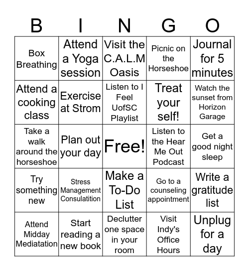 Mental Health Bingo Card