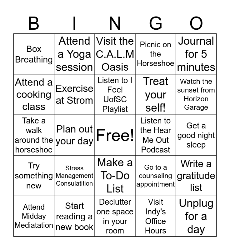 Mental Health Bingo Card