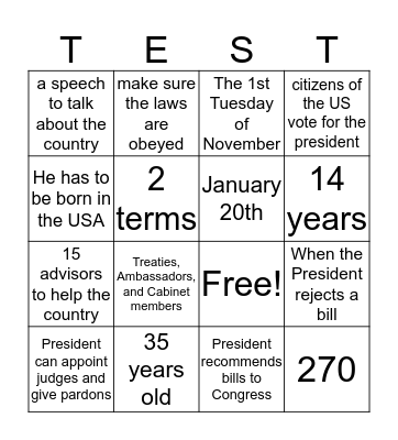 Executive Branch  Bingo Card