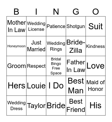 Taylors Bridal Bingo Card