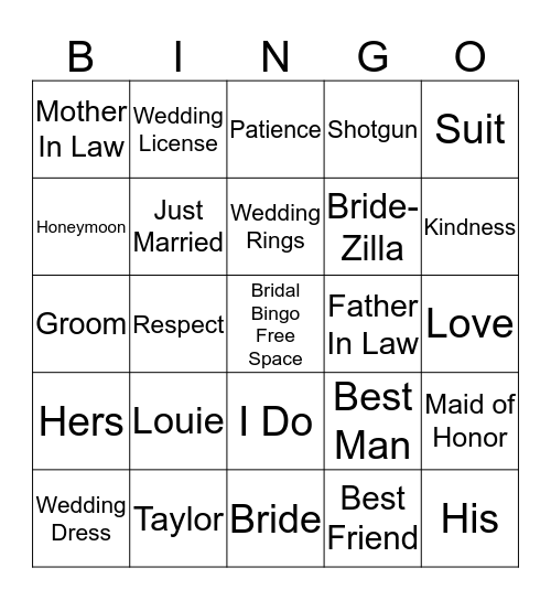 Taylors Bridal Bingo Card