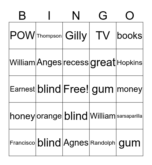 The Great Gilly Hopkins Bingo Card