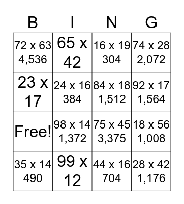 Double Digit Multiplication Bingo Card
