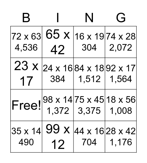 Double Digit Multiplication Bingo Card